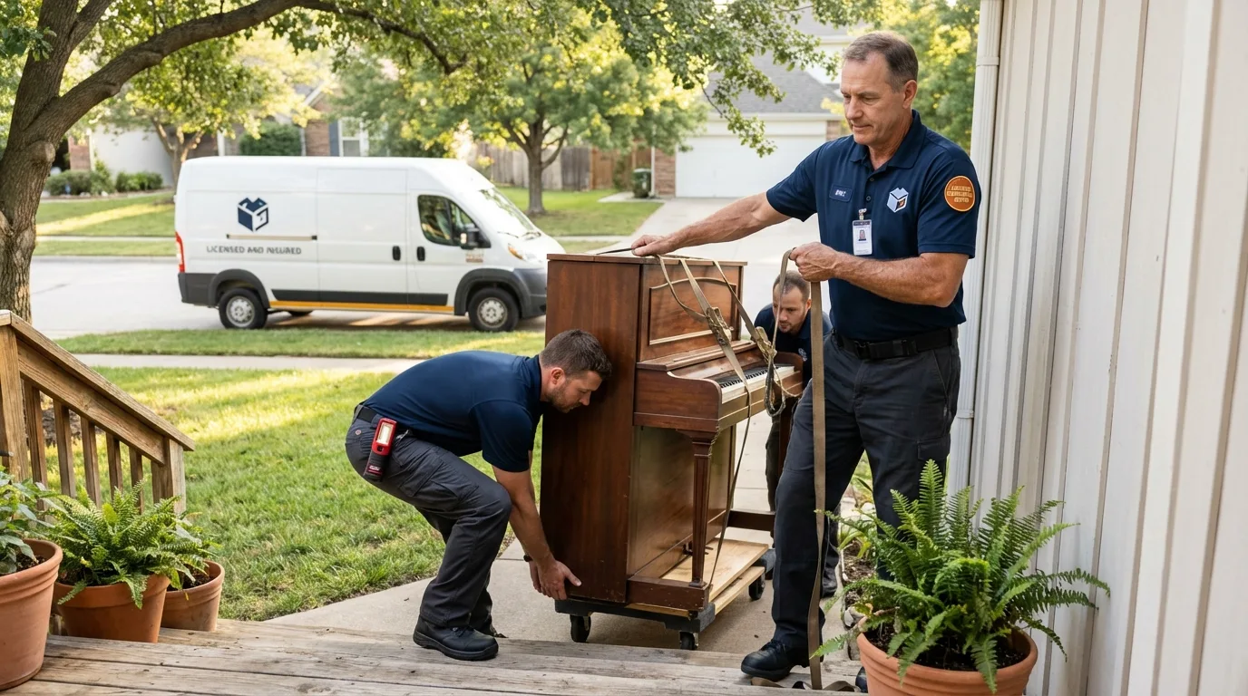 Licensed piano movers securing grand piano in White River Junction, VT