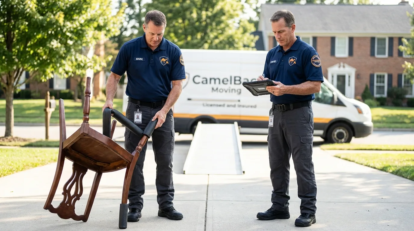 Movers inspecting furniture for damage prevention before loading in White River Junction, VT