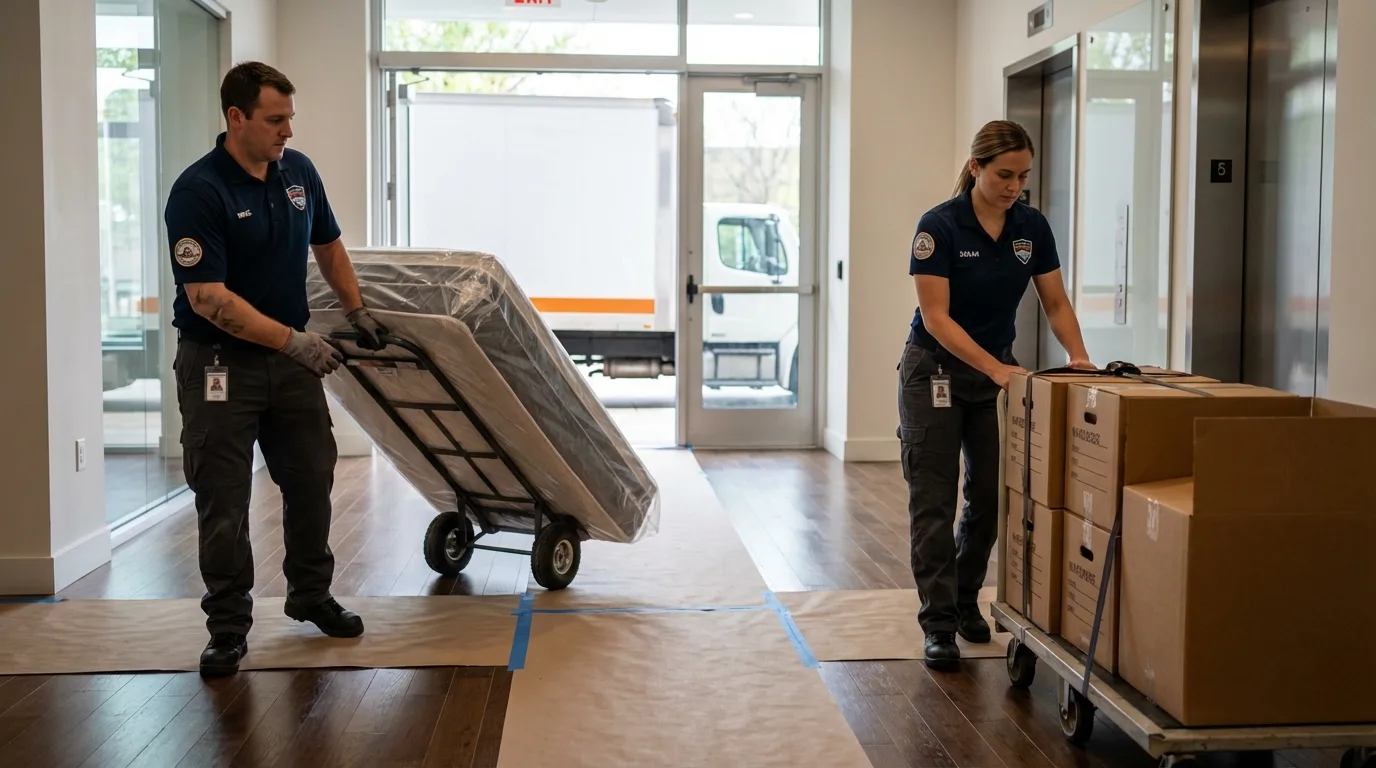 Professional apartment movers loading elevator in White River Junction, VT