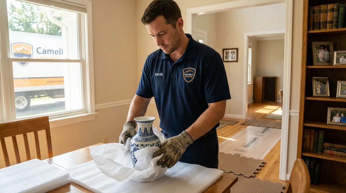 Professional crew carefully wrapping antique vase for senior downsizing move in White River Junction, VT